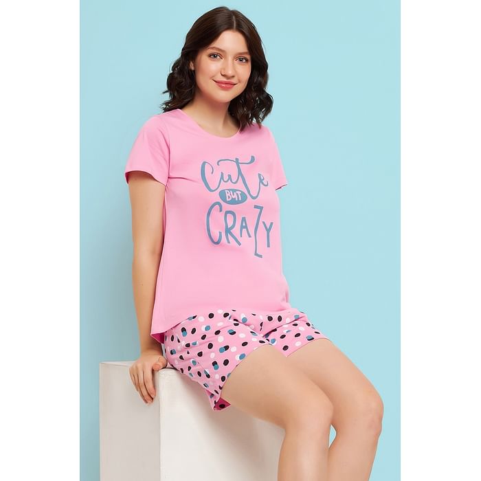 

Clovia Print Me Pretty Top & Shorts Set in Pink - 100% Cotton - LS0410W22, Light pink