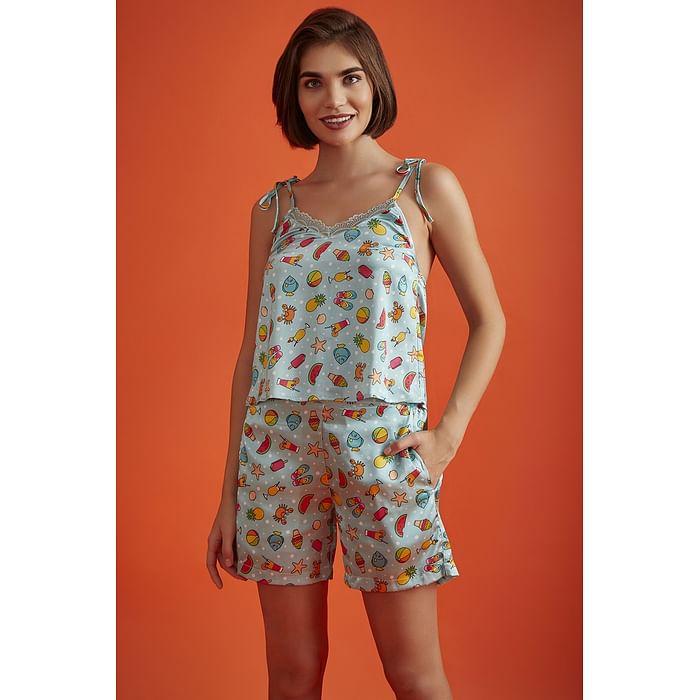

Clovia Print Me Pretty Top & Shorts Set in Sky Blue - Satin - LS0610P03, Light blue