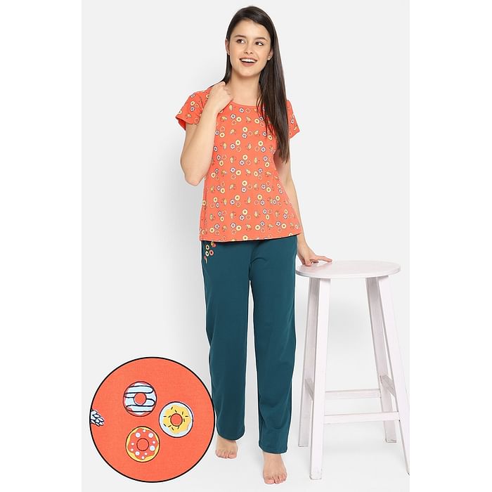 

Clovia Donut Print Top & Pyjama Set in Orange - 100% Cotton - LS0039P16