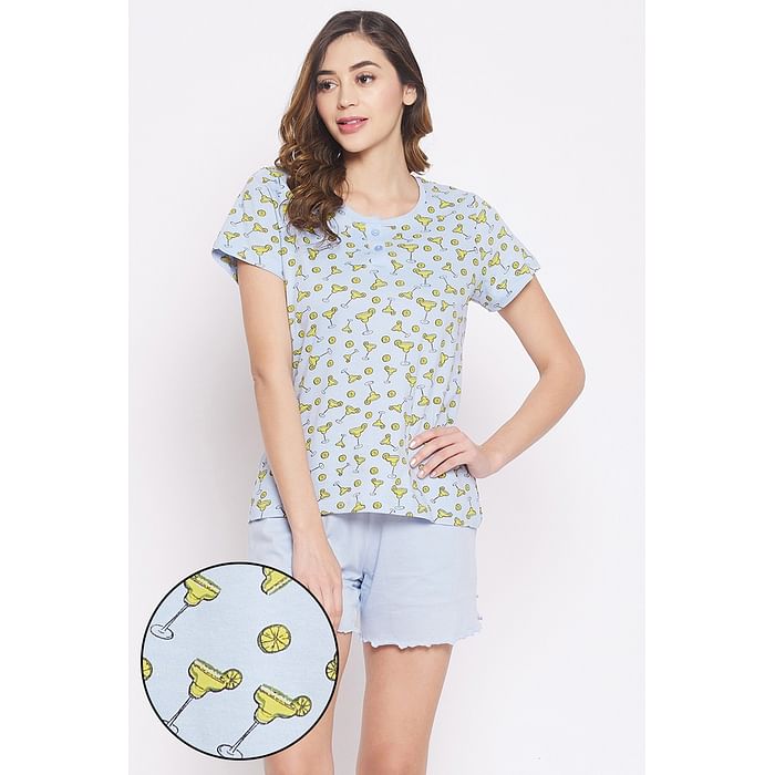 

Clovia Margarita Print Top & Solid Short Set in Powder Blue - 100% Cotton - LS0583R03, Light blue