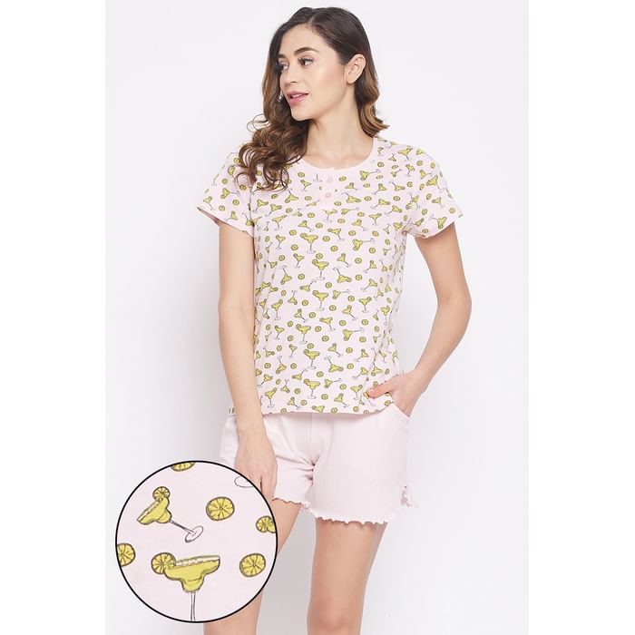

Clovia Margarita Print Top & Solid Short Set in Soft Pink - 100% Cotton - LS0583R22, Light pink