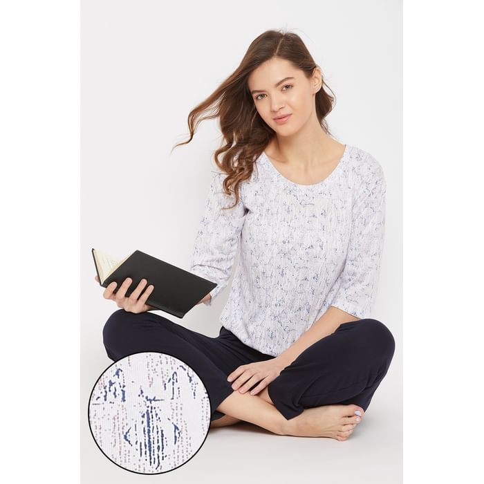 

Clovia Print Me Pretty Top & Solid Pyjama in White & Navy - Cotton Rich - LS0493P08
