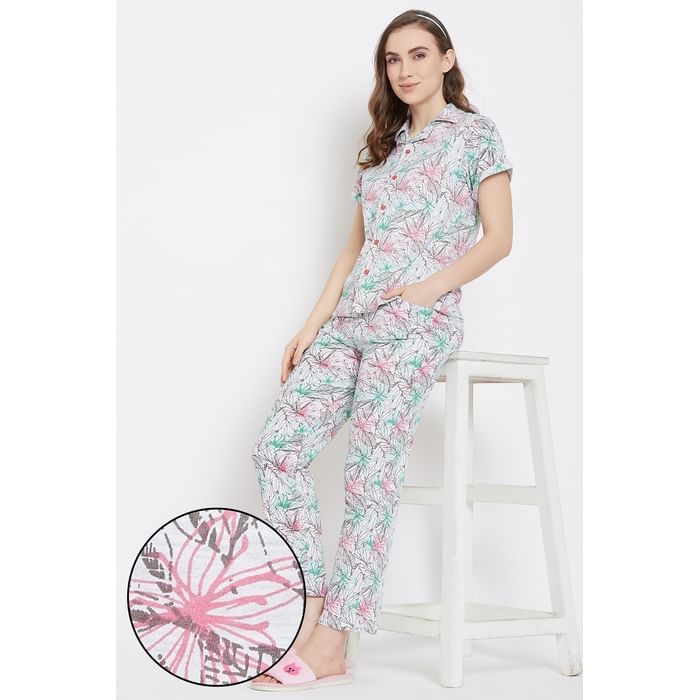 

Clovia Button Down Shirt & Pyjama Set in Grey - Cotton Base - LS0025D01, Light grey