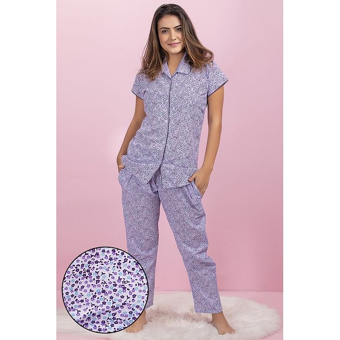 

Clovia Button Down Shirt & Pyjama Set in Multicolour - Cotton Rich - LS0264P19