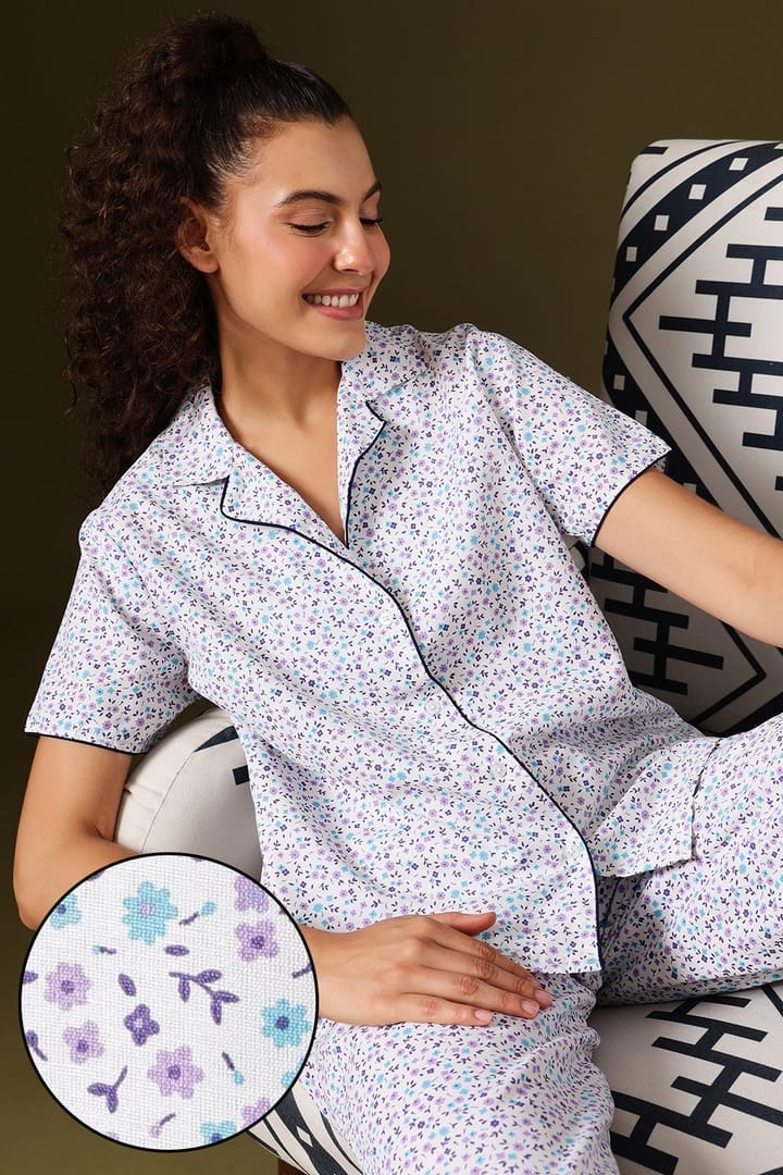 Buy Floral Print Button-Down Night Suit in White Cotton Rich