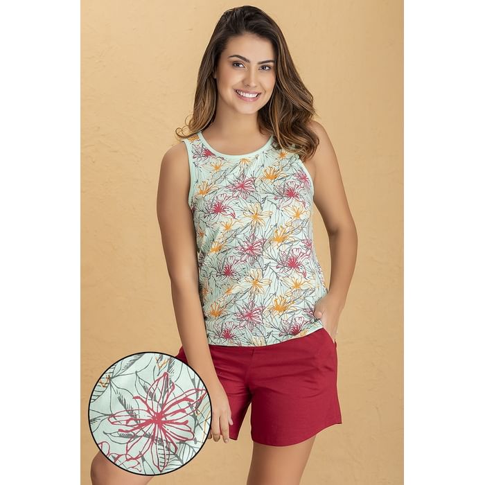 

Clovia Pretty Florals Top & Shorts Set in Green & Red- 100% Cotton - LS0462P11, Light green