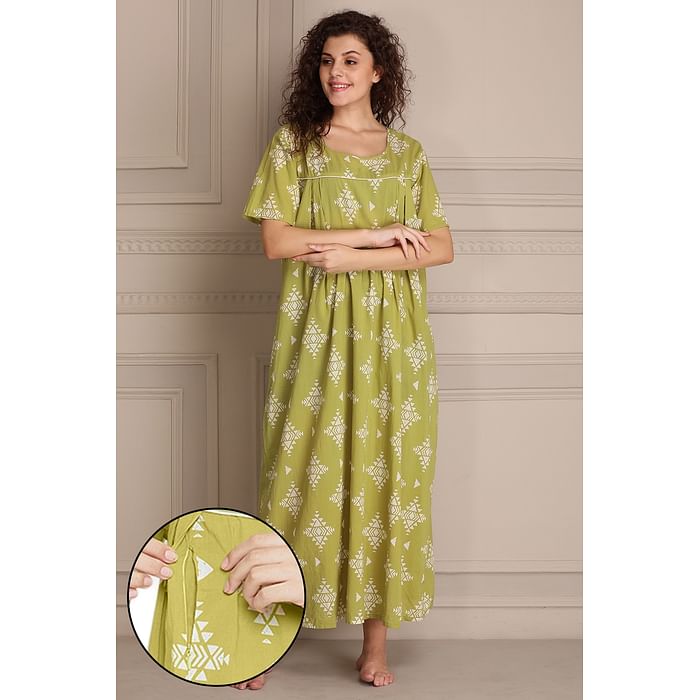 

Clovia Printed Feeding Long Night Dress in Light Green - 100% Cotton - NS1111P11