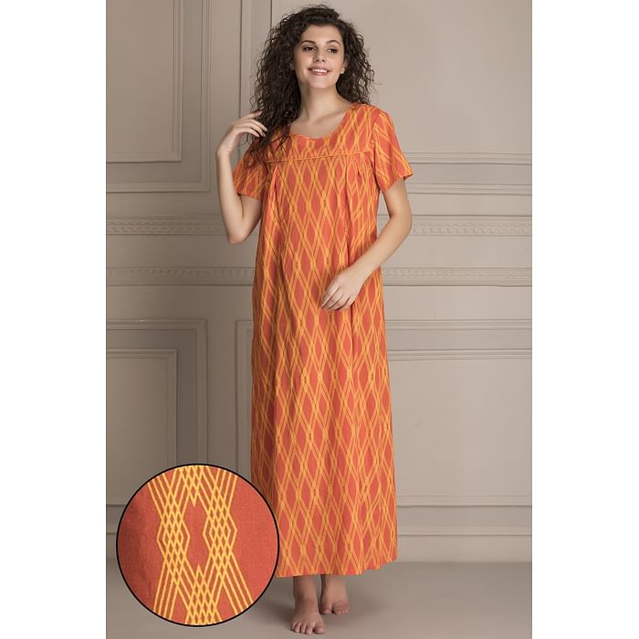 

Clovia Printed Feeding Long Nighty in Orange- 100% Cotton - NS1111A16