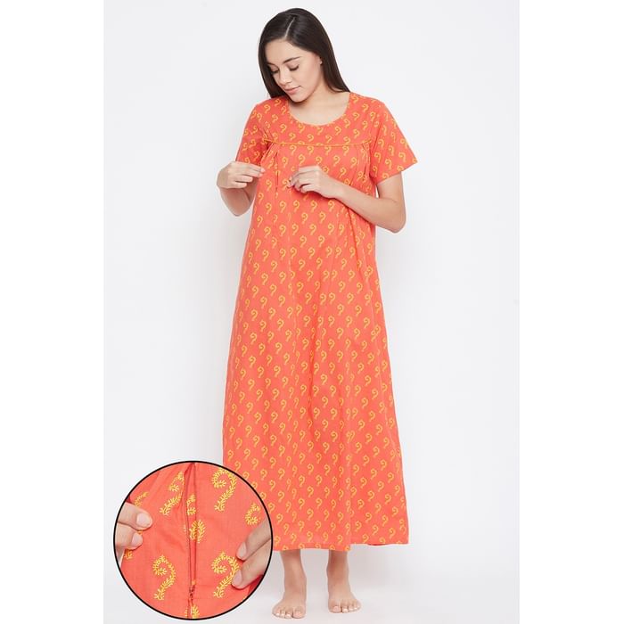 

Clovia Feeding Printed Long Nighty in Orange- 100% Cotton - NS1111P16