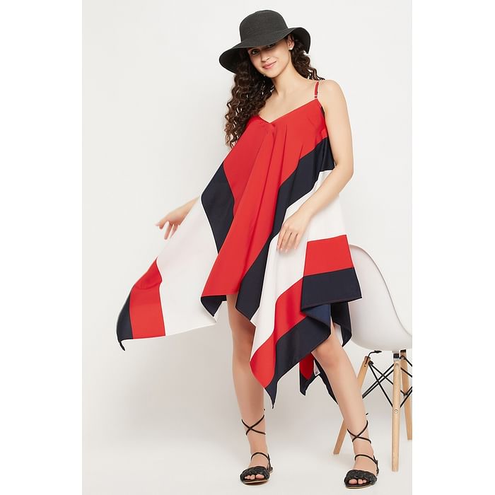 

Clovia Striped Knee-Length Resortwear Dress in Red - Crepe - RW0057P04