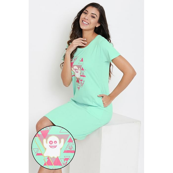 

Clovia Emoji Print Short Nightdress in Mint Green - 100% Cotton - NS1209E11, Light green