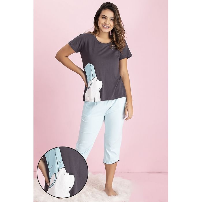 

Clovia Printed Top & Capri Set in Grey & Blue- Cotton Rich - LS0411A05, Dark grey