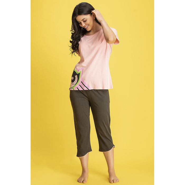 

Clovia Printed Top & Capri Set in Pink & Grey- Cotton Rich - LS0411P22, Light pink