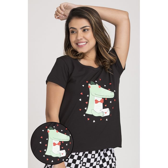 

Clovia Alligator & Heart Print Top in Black - 100% Cotton - LT0126A13