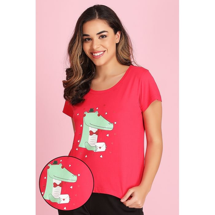 

Clovia Print Me Pretty Top in Dark Pink - 100% Cotton - LT0126A14