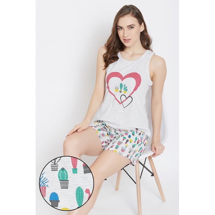 

Clovia Printed Top & Printed Shorts Set in Light Grey - 100% Cotton - LS0462P01