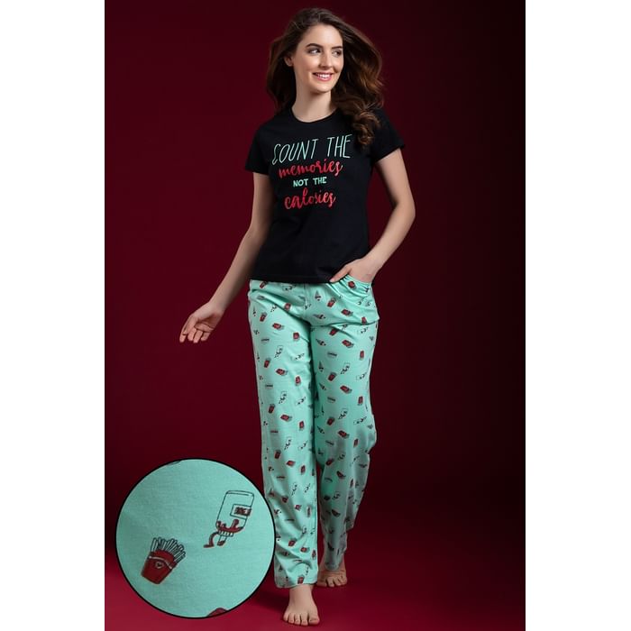

Clovia Printed Top & Pyjama in Black & Green- 100% Cotton - LS0413G13