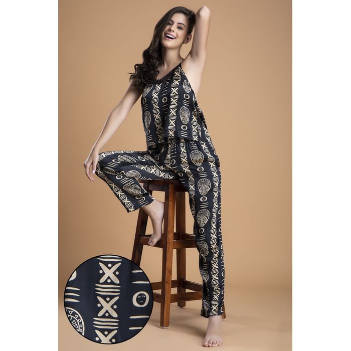

Clovia Tribal Print Cami Top & Pyjama in Black - Satin - NS1213D13