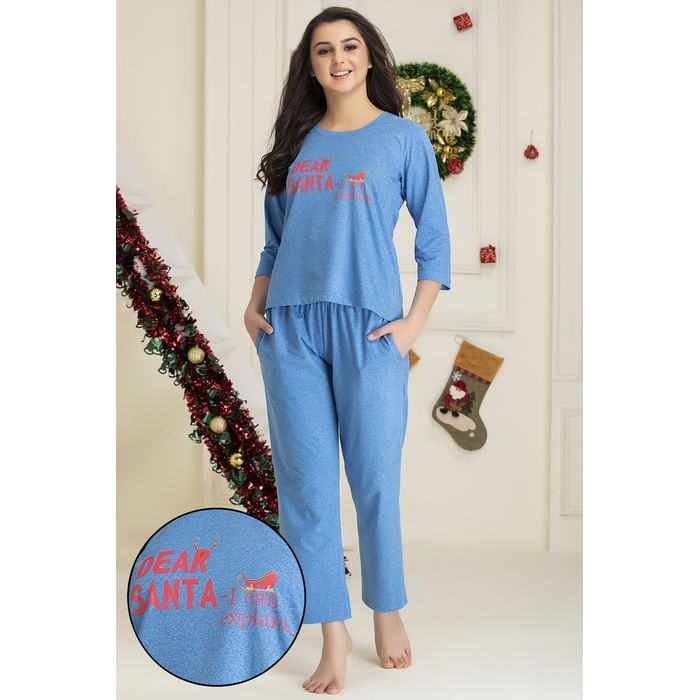 

Clovia XMas Top & Pyjama Set in Dark Blue - Cotton Rich - LS0294A08, Navy