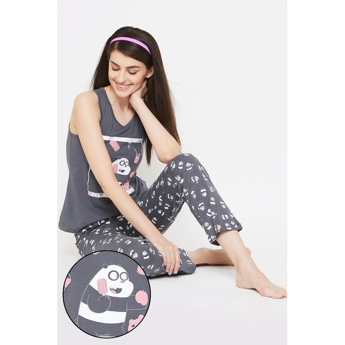 

Clovia Printed Top & Pyjama Set in Dark Grey- Cotton Rich - LS0344A05