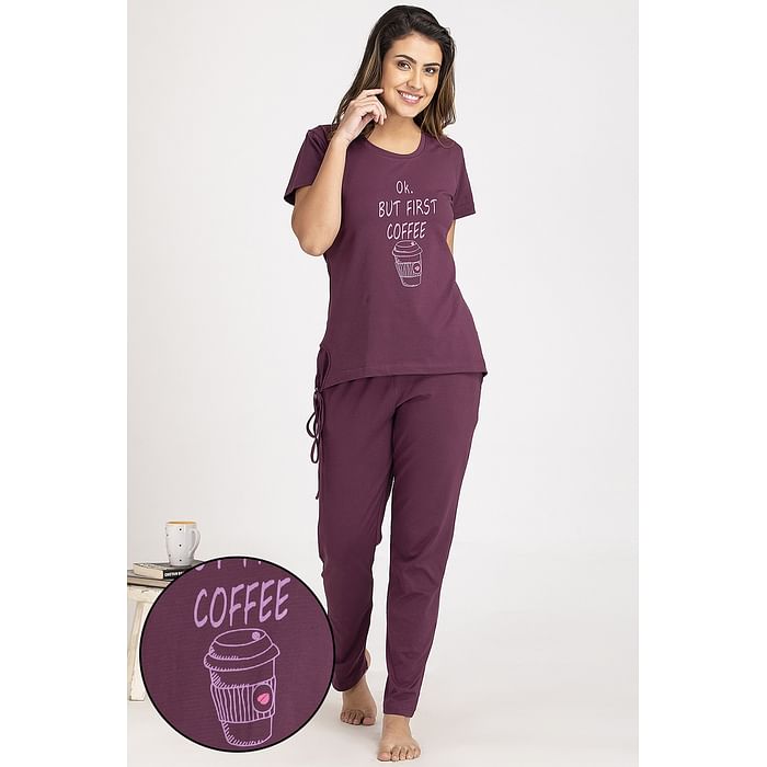 

Clovia Text & Graphic Print Top & Pyjama Set in Dark Purple & Grey - Cotton - LSC138P15