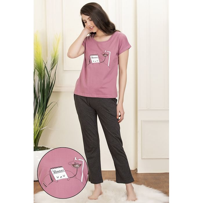 

Clovia Lazy Lounge Top & Pyjama Set in Pink & Grey- Cotton Rich - LSC132D15, Purple