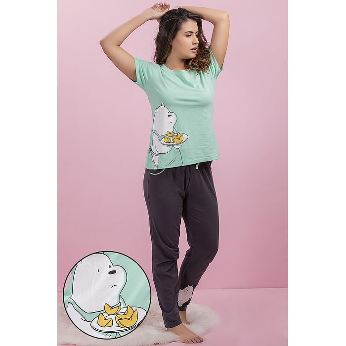 

Clovia We Bare Bears by Clovia Printed Top & Pyjama Set in Green & Dark Grey- Cotton Rich - LS0413D11, Light green
