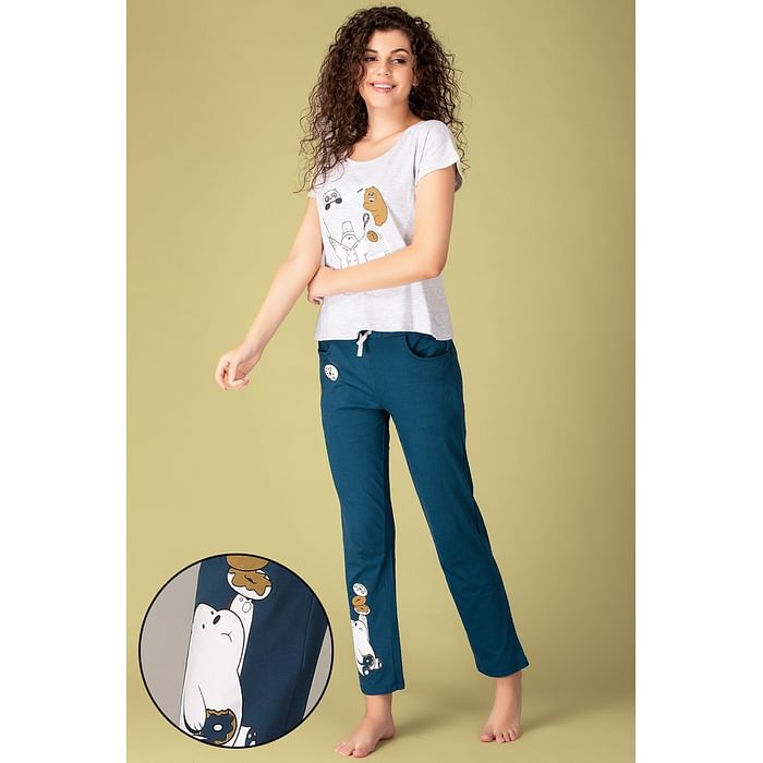 

Clovia Printed Top & Pyjama Set in Grey & Blue- Cotton Rich - LS0413P01, Light grey