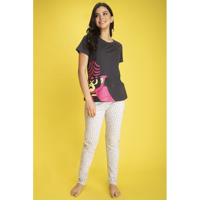 

Clovia Powerpuff Girls by Clovia Printed Top & Pyjama Set in Grey & White- Cotton Rich - LS0413P05, Dark grey