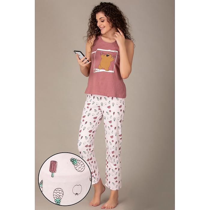 Clovia - Clovia We Bare Bears Top & Pyjama Set in Pink & White- Cotton – LS0344A22