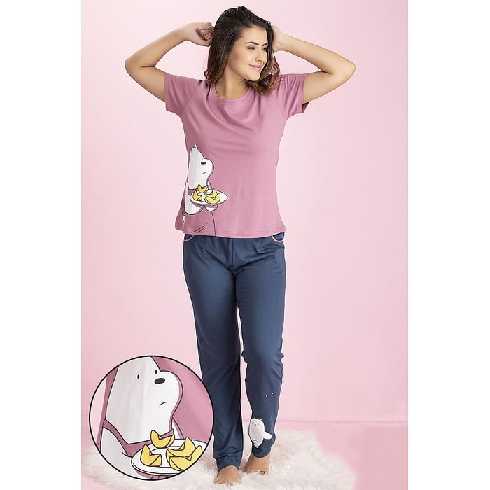 

Clovia Printed Top & Pyjama Set in Pink & Dark Blue- Cotton Rich - LS0413D15, Purple