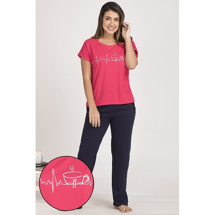 

Clovia Printed Top & Pyjama Set in Red & Navy Blue - Cotton Rich - LSC132D14, Pink