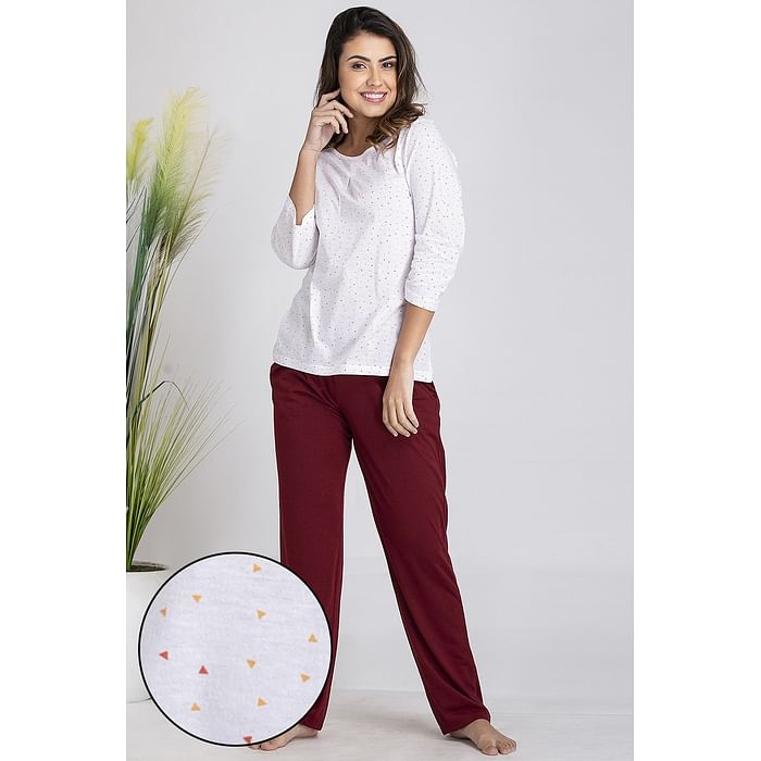 

Clovia Printed Top & Pyjama Set in White & Maroon - Cotton - LS0403P18