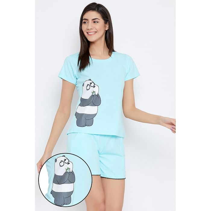 

Clovia Printed Top & Shorts Set in Light Blue - Cotton Rich - LS0410F03