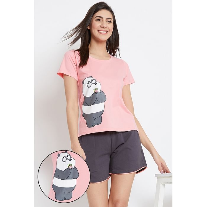 

Clovia Printed Top & Shorts Set in Light Pink & Grey - Cotton Rich - LS0410E22