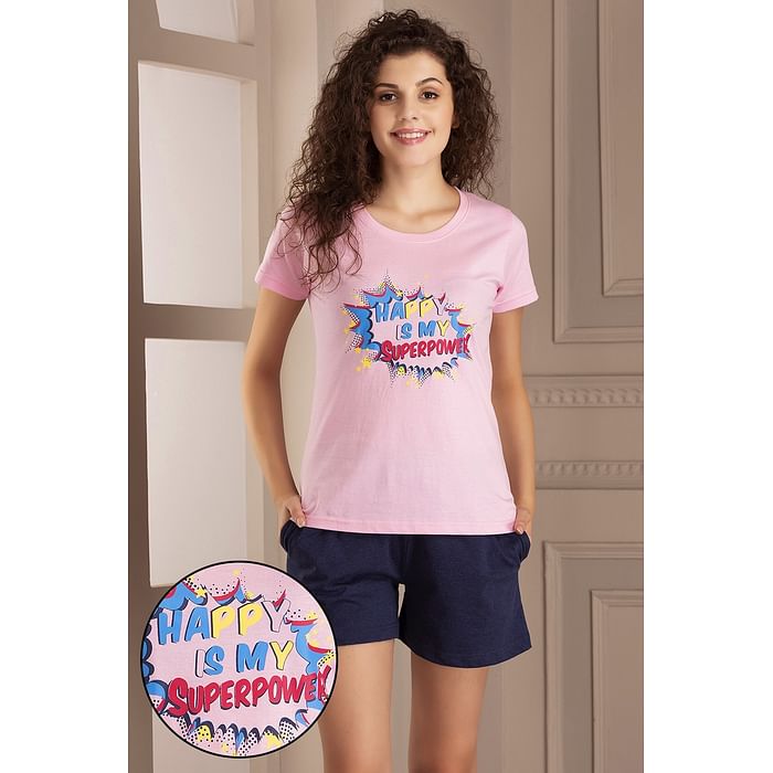 

Clovia Printed Top & Shorts Set in Pink & Navy Blue - Cotton Rich - LSC124G22, Light pink