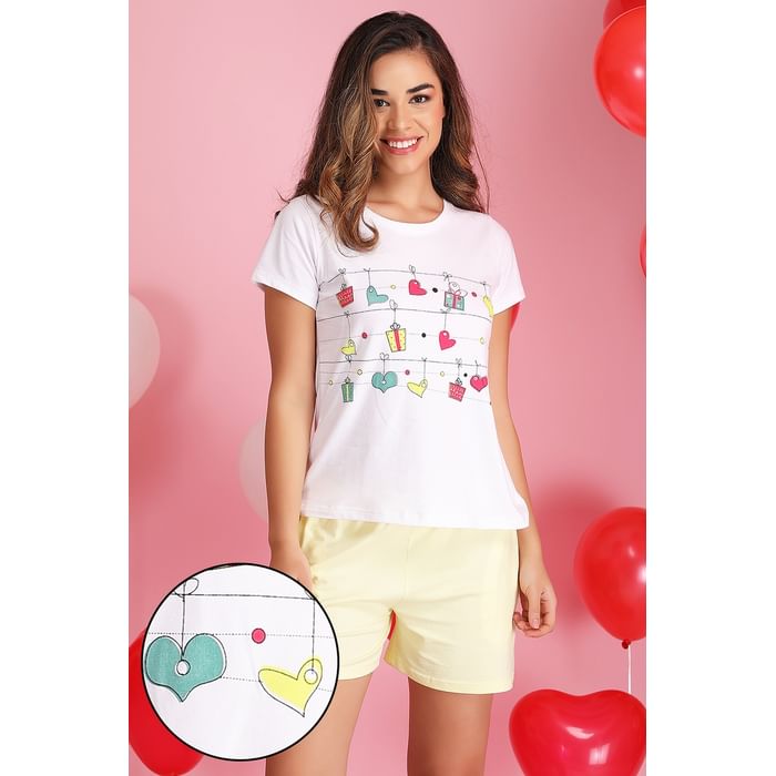 

Clovia Printed Top & Shorts Set in White & Yellow - Cotton Rich - LSC124D18