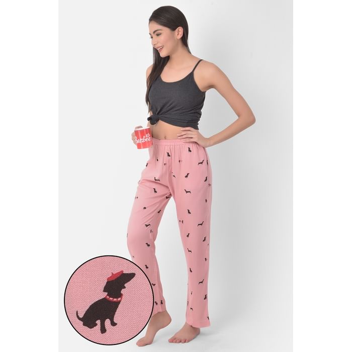 

Clovia Puppy Print Pyjama in Baby Pink - Rayon - LB0179P22, Light pink
