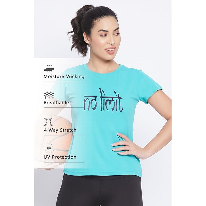 

Clovia Quick Dry Text Print Sports T-shirt in Turquoise Blue with UV Protection - AT0161P36, Teal