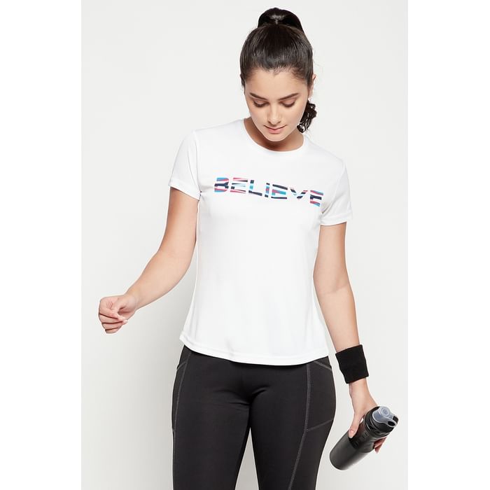 

Clovia Quick Dry Text Print Sports T-shirt in White - AT0160P18