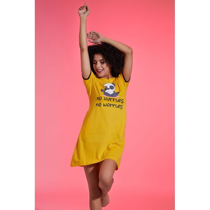

Clovia Quirky Quote Print Short Night Dress in Mustard Colour - 100% Cotton - NS1209D02, Light yellow