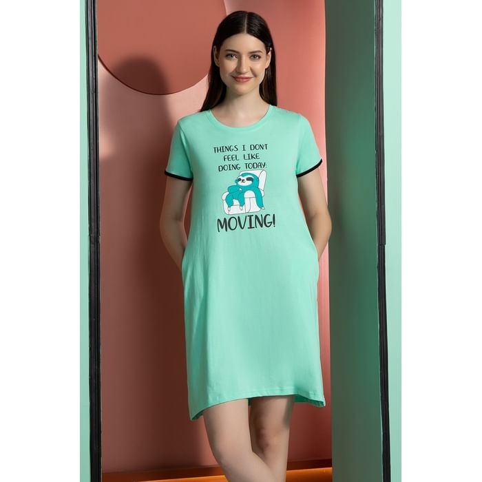 

Clovia Quirky Quote Print Short Night Dress in Mint Green - 100% Cotton - NS1209F11, Light green