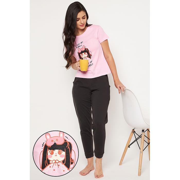 

Clovia Quirky Quote Print Top & Jogger Set in Baby Pink- 100% Cotton - LS0581P22, Light pink