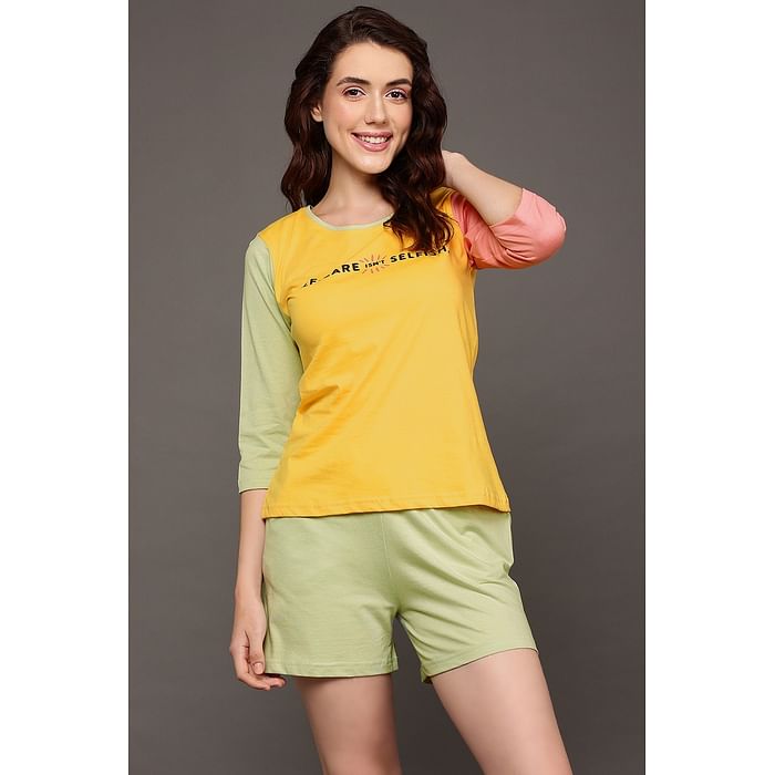 

Clovia Quirky Quotes Colourblocked Top in Yellow & Chic Basic Shorts in Mint Green - 100% Cotton - LS0661D02, Light yellow