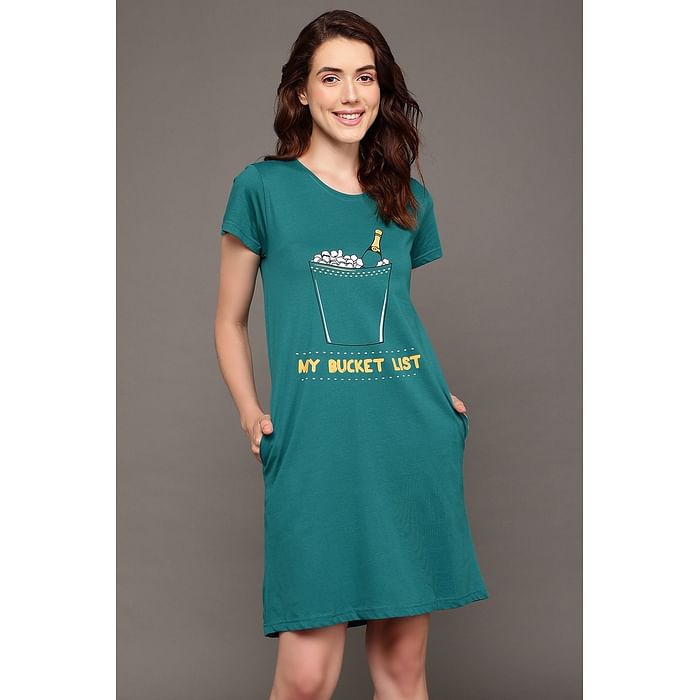 

Clovia Quirky Quotes Short Night Dress in Teal Green - 100% Cotton - NS1209D17, Dark green