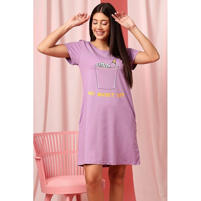 

Clovia Quirky Quotes Short Night Dress in Lavender - 100% Cotton - NS1209E12