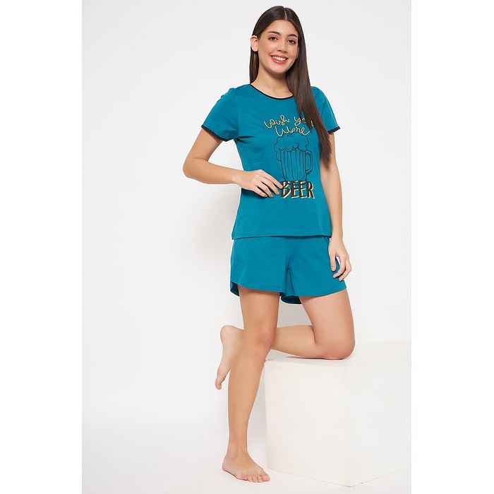 

Clovia Quirky Quotes Top & Chic Basic Shorts Set in Teal Green - 100% Cotton - LS0451P17, Dark green