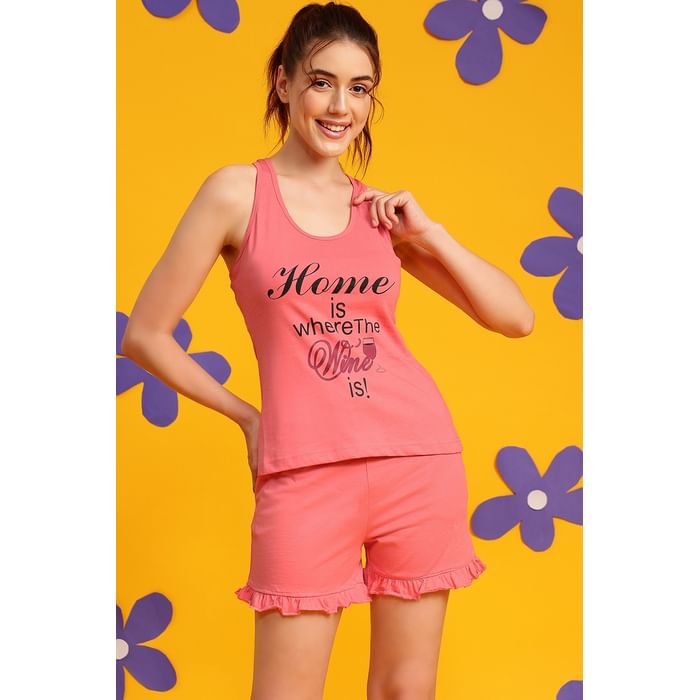 

Clovia Quirky Quotes Tank Top & Chic Basic Shorts Set in Salmon Pink - 100% Cotton - LS0667P22, Light pink