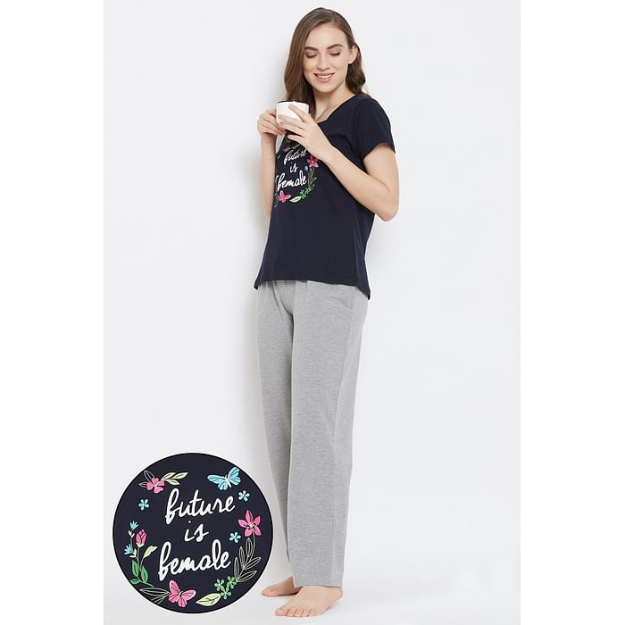 

Clovia Quirky Text Top & Pyjama Set in Blue & Grey- 100% Cotton - LSC124F08, Navy