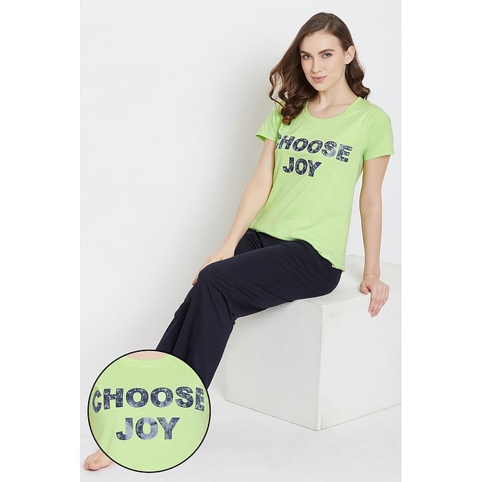 

Clovia Quirky Text Top & Pyjama Set in Green & Blue - 100% Cotton - LSC124G12, Lavender